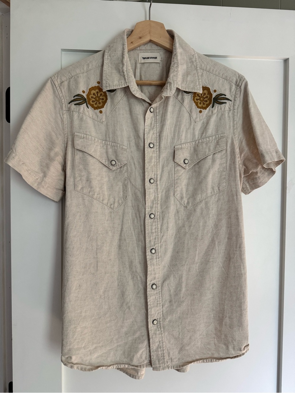 Taylor Stitch Beige Short-Sleeve Western Shirt with Mustard Floral Embroidery